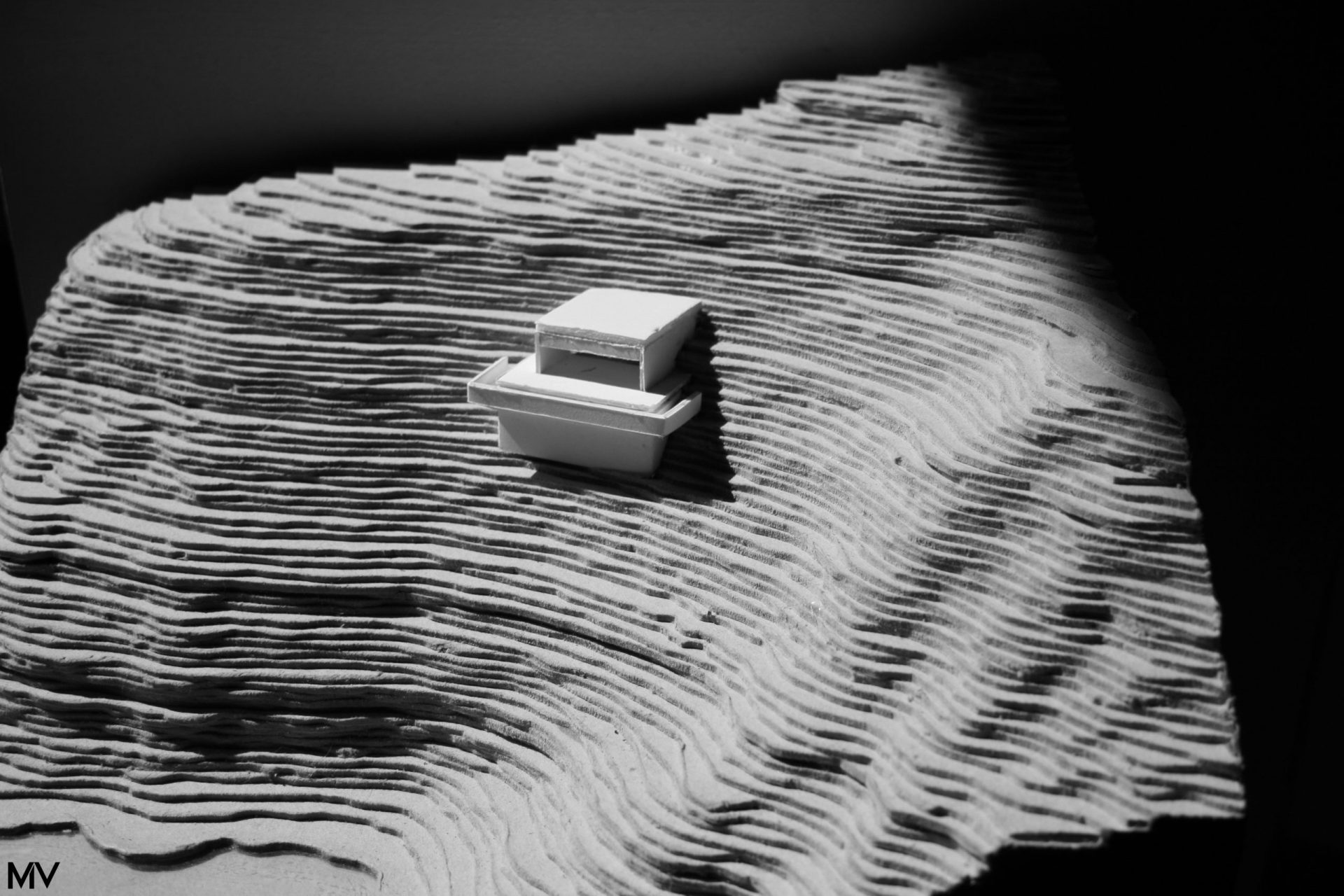 Pavillon Cap de Creus – Maquette d’un pavillon “Cap de Creus” — travail sur l’implantation topographique à l’aide de carton plume et carton bois.